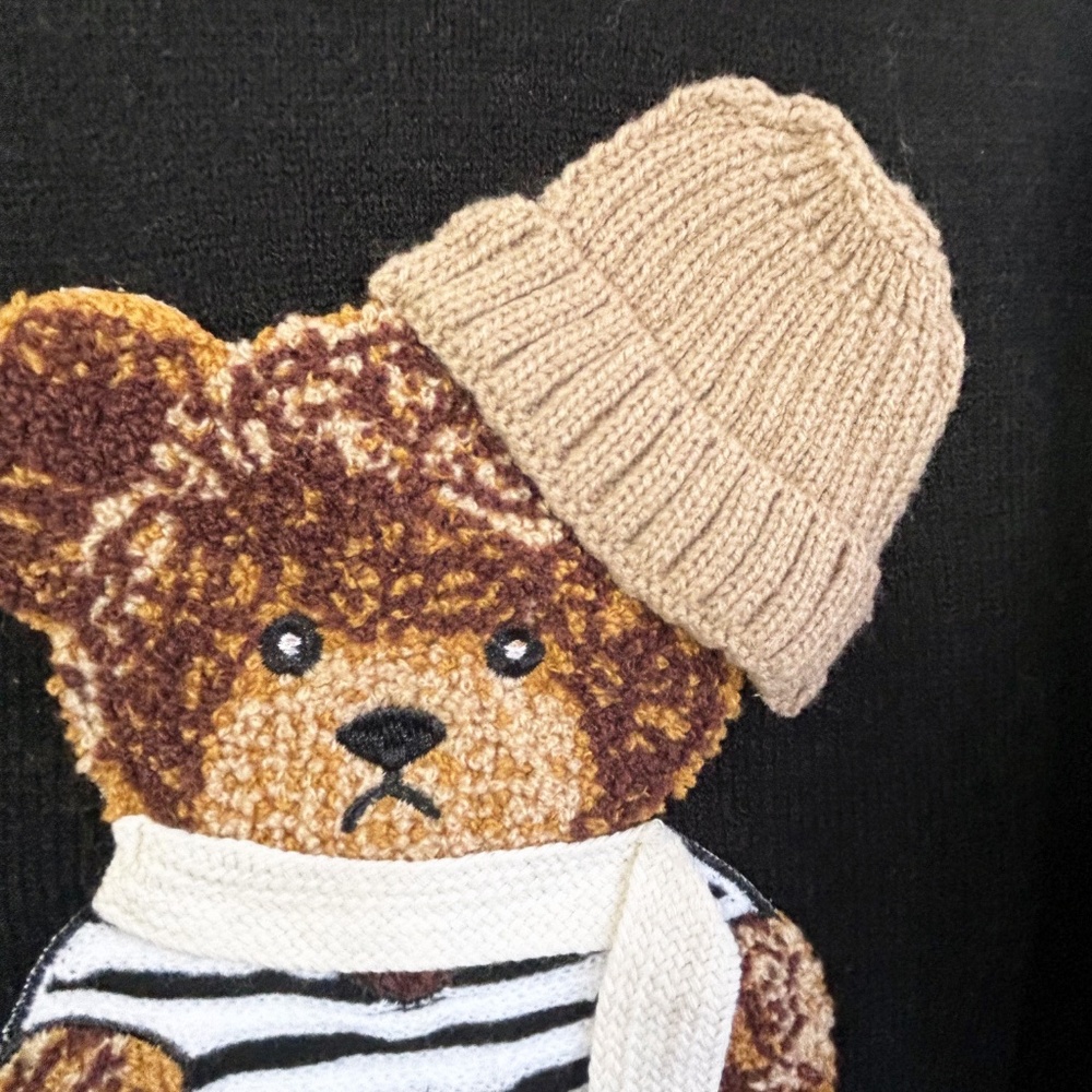 NWT soft warm knit pullover with 3D textured bear wearing a beanie and scarf - Picture 2 of 11
